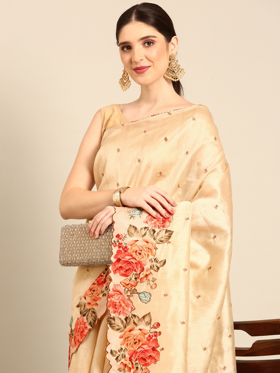 

Simaaya Floral Embroidered Pure Silk Saree, Cream