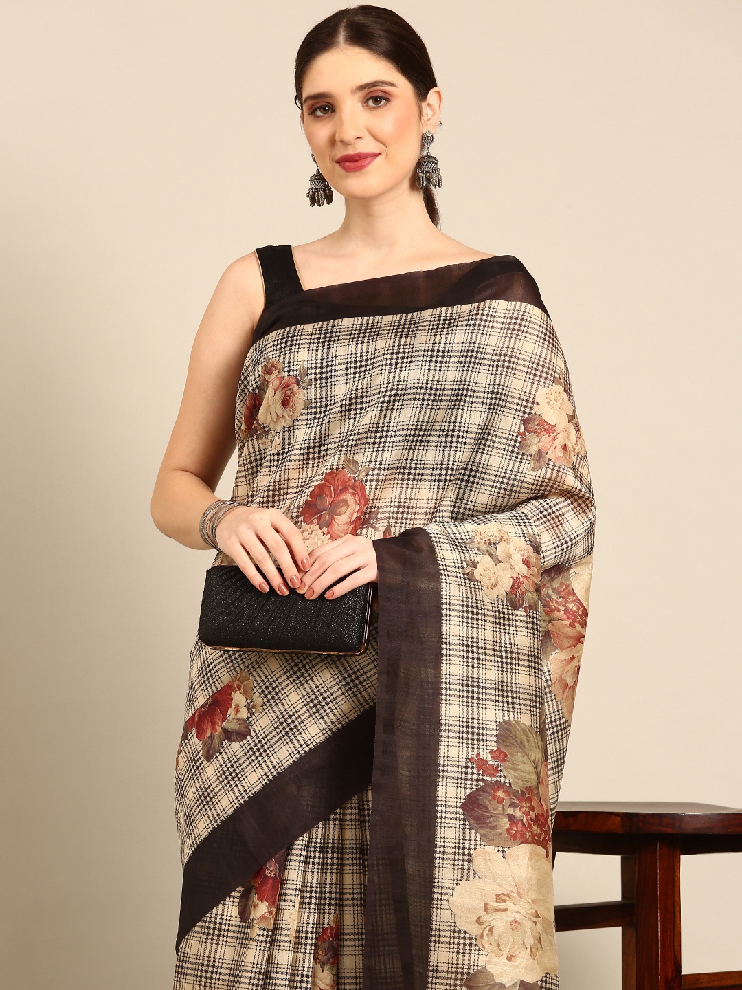 

Simaaya Floral Print & Checked Silk Cotton Saree, Cream