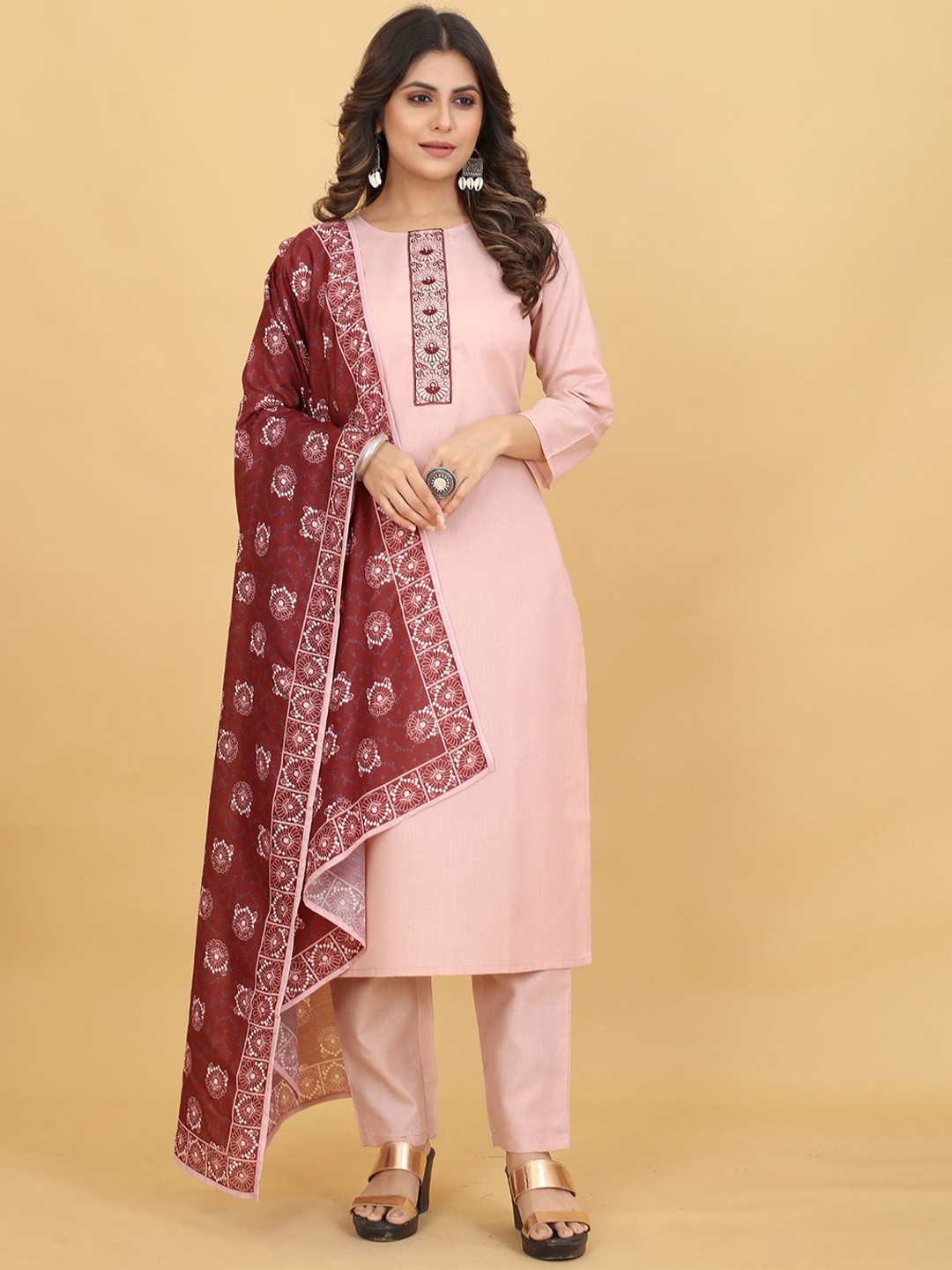 

PREMROOP- THE STYLE YOU LOVE Round Neck Straight Kurta Set With Dupatta, Pink