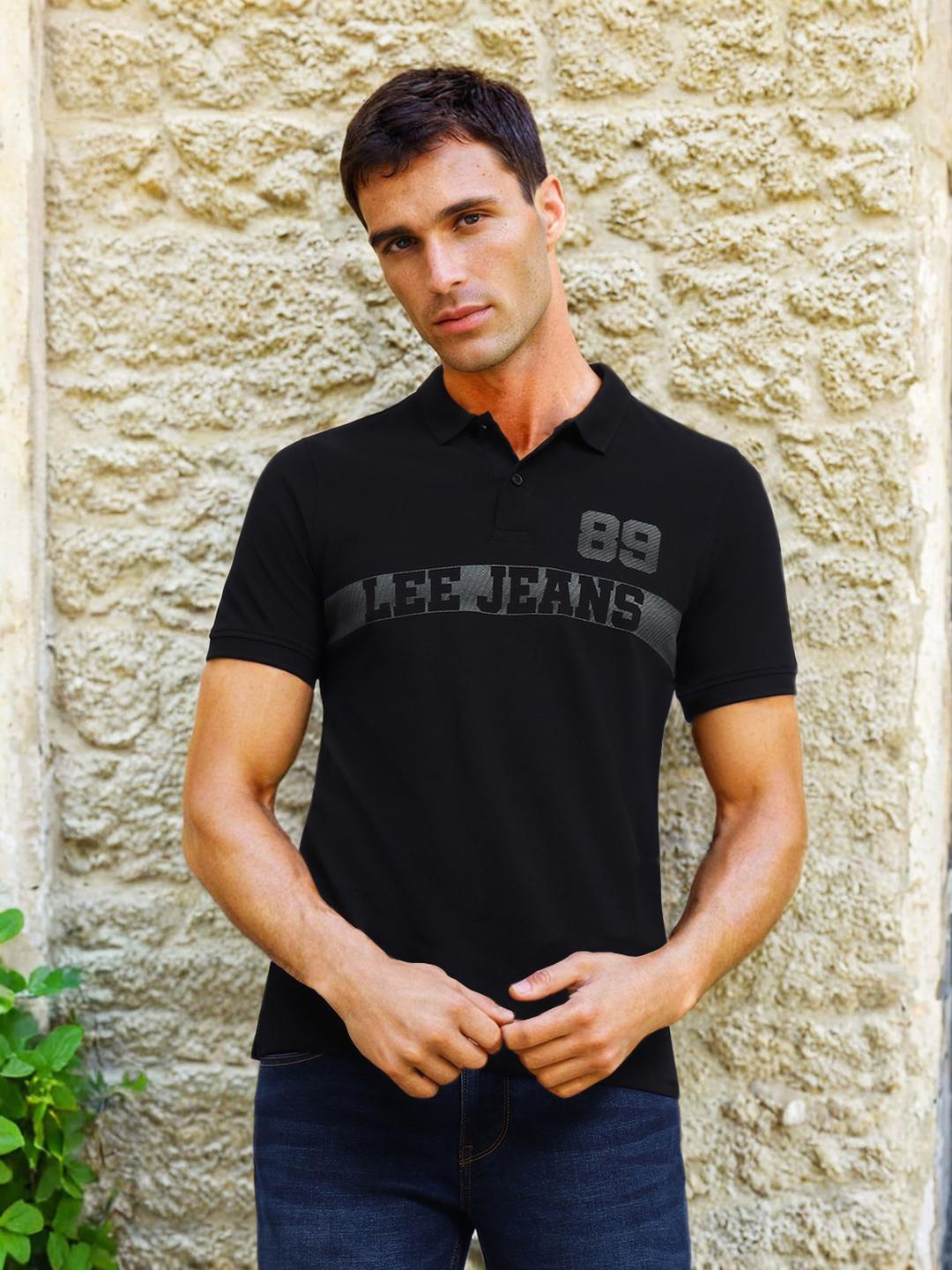 

Lee Typography Printed Cotton Polo Collar Slim Fit T-shirt, Black