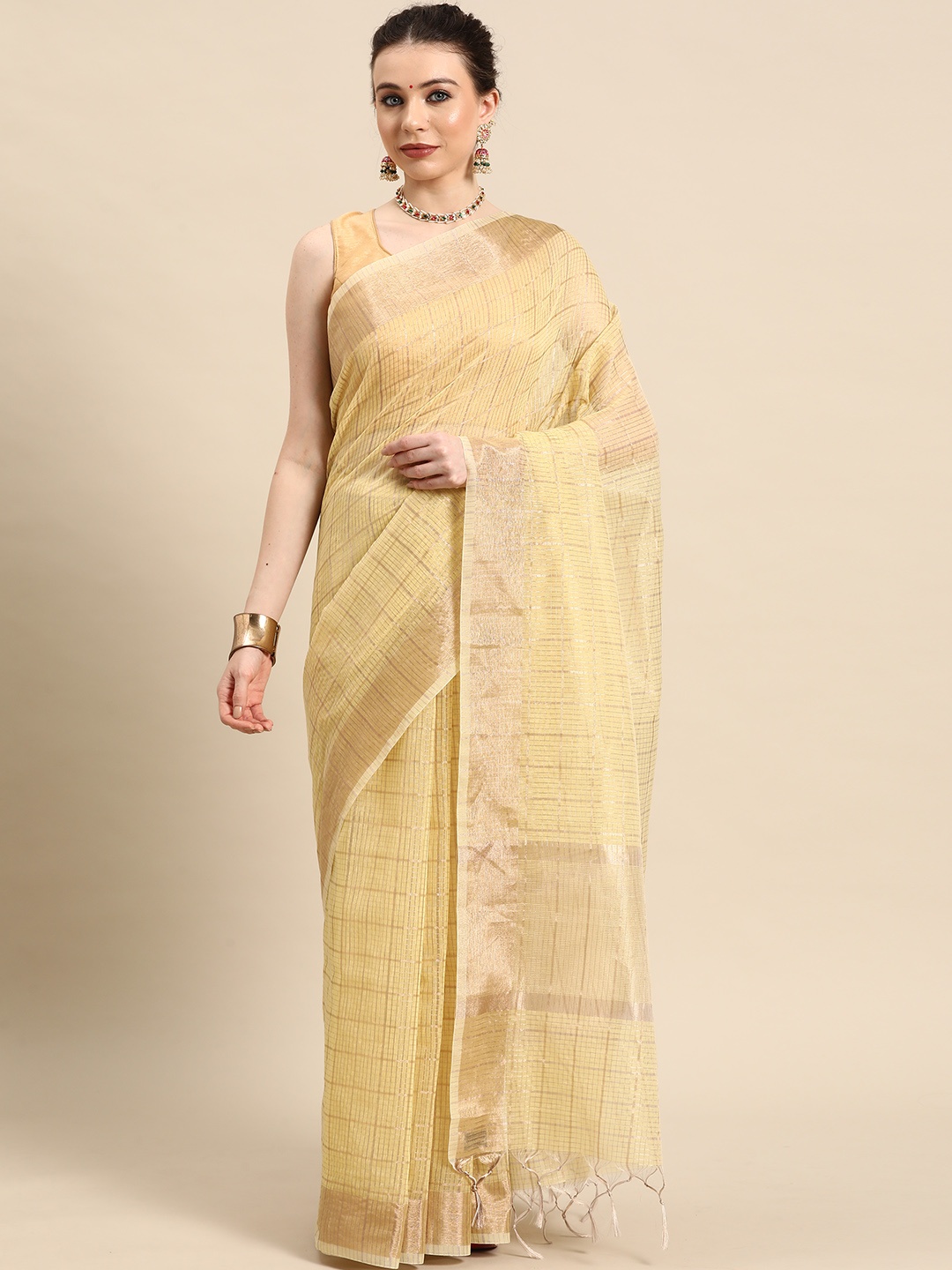 

Simaaya Checked Zari Tissue Saree, Yellow