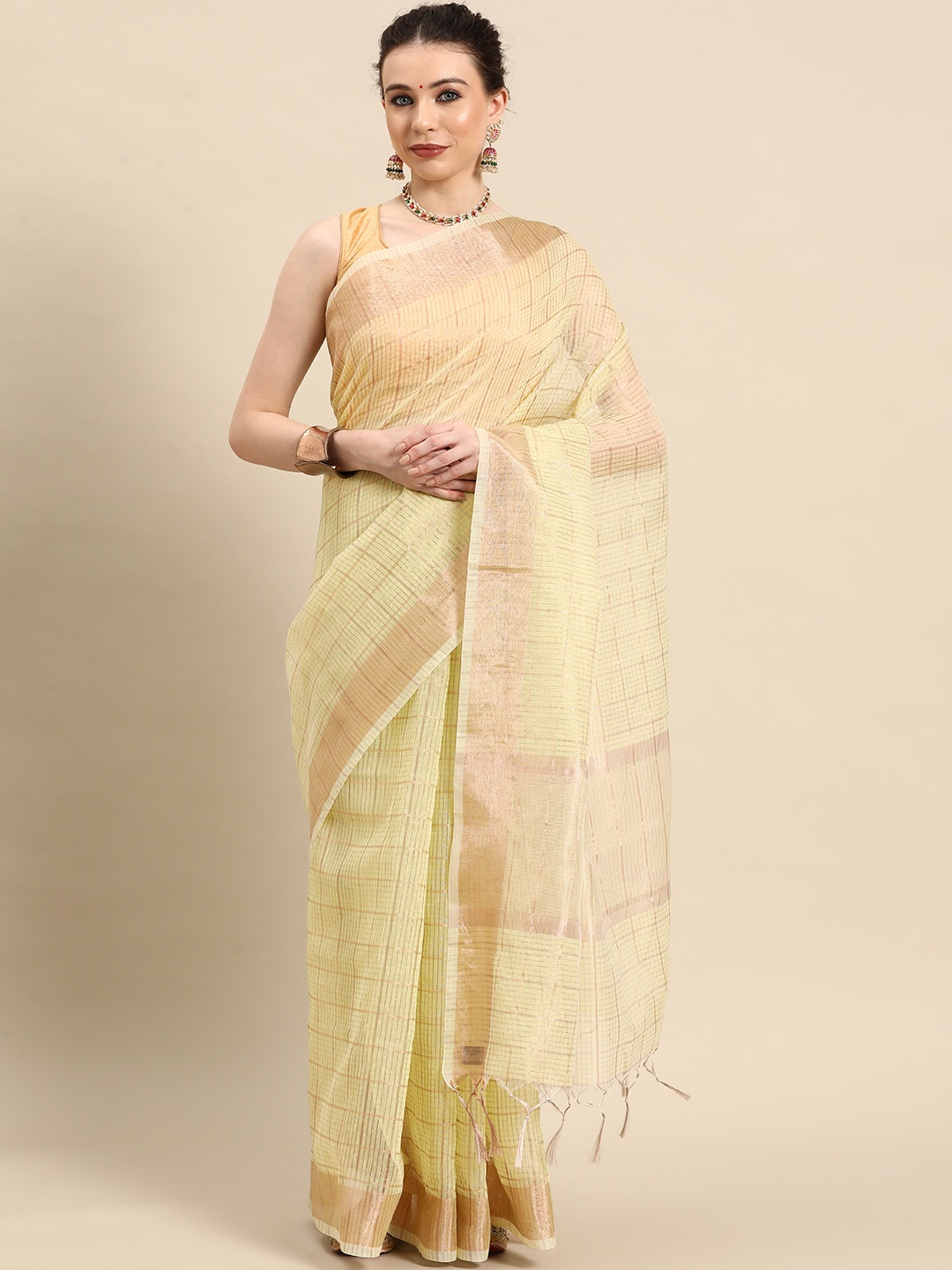 

Simaaya Checked Zari Tissue Saree, Yellow