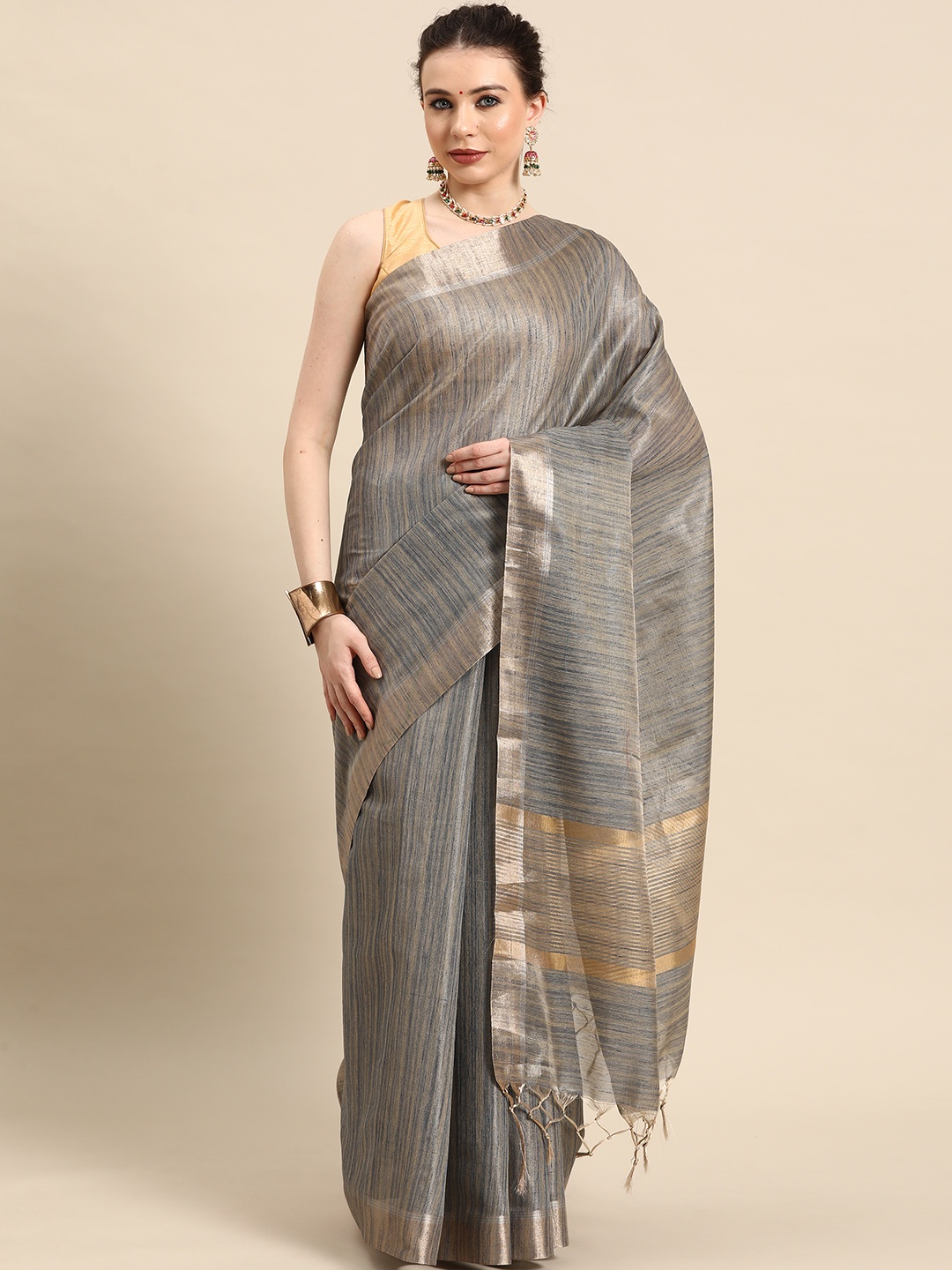 

Simaaya Woven Design Cotton Linen Saree, Navy blue