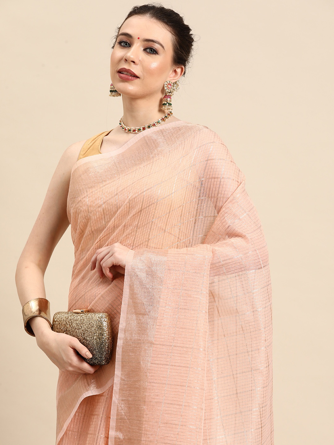 

Simaaya Checked Zari Tissue Saree, Peach