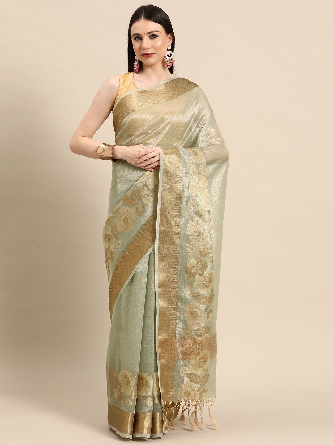 

Simaaya Floral Zari Tissue Saree, Green