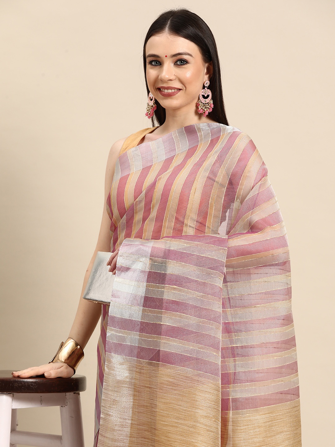 

Simaaya Striped Linen Blend Saree, Pink