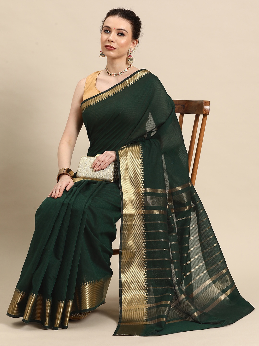 

Simaaya Solid Zari Silk Cotton Saree, Green