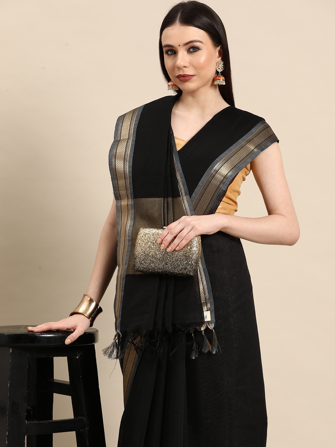 

Simaaya Zari Pure Silk Saree, Black