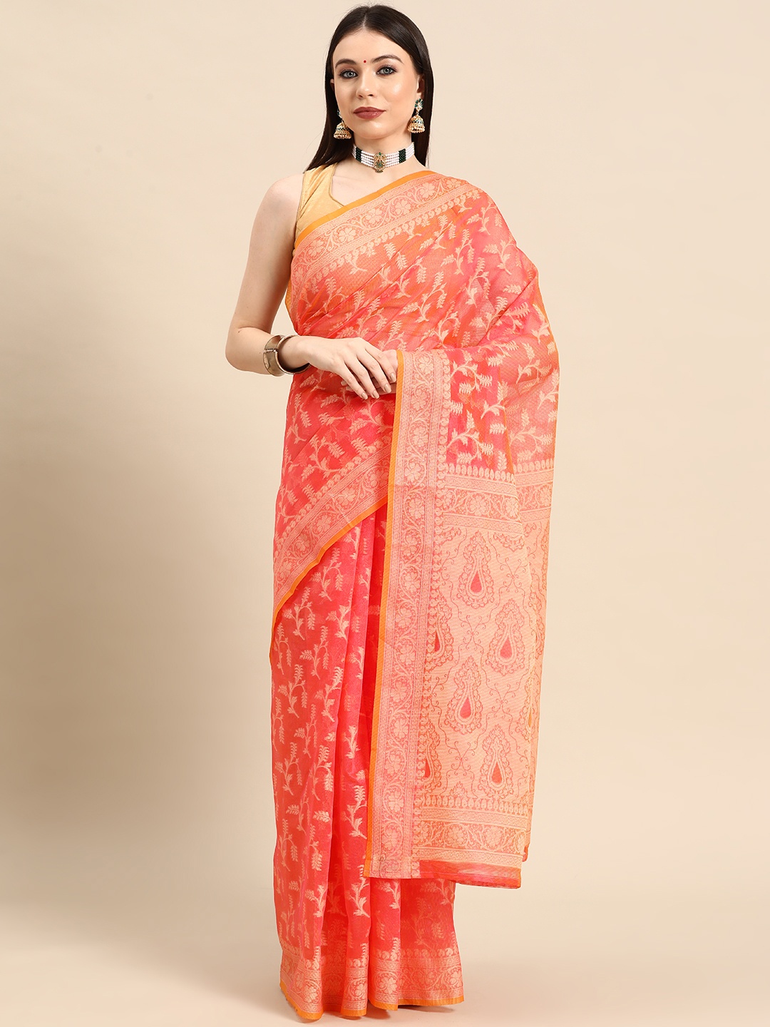 

Simaaya Floral Silk Cotton Saree, Orange