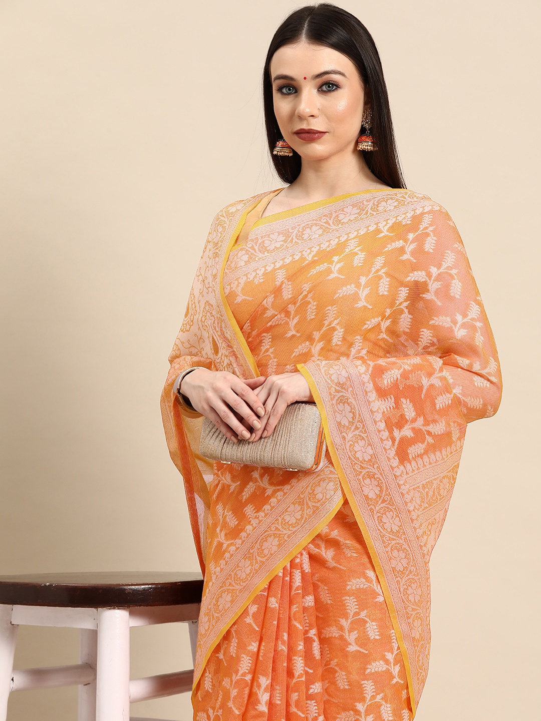 

Simaaya Floral Art Silk Saree, Peach