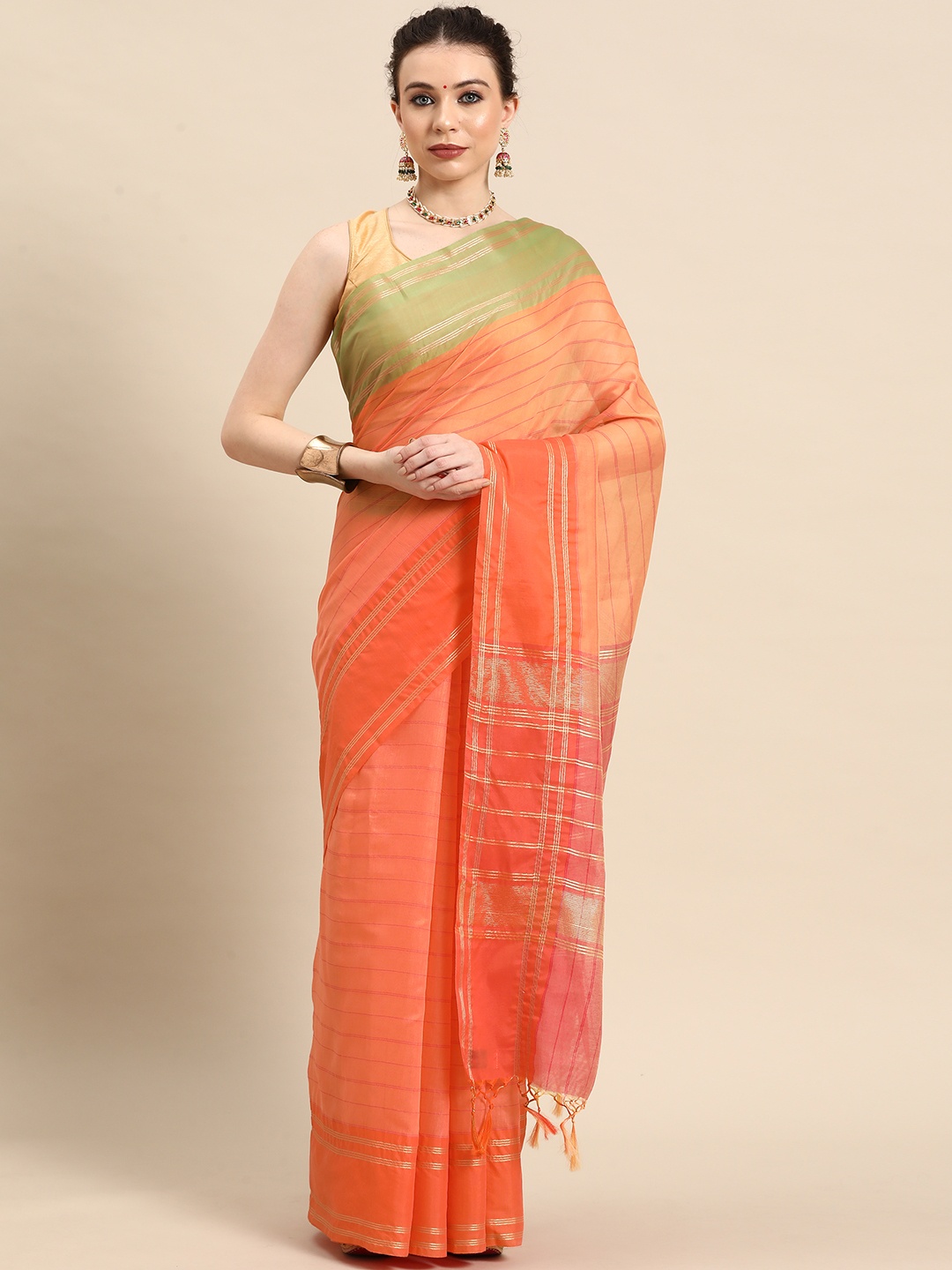 

Simaaya Striped Zari Silk Cotton Saree, Orange