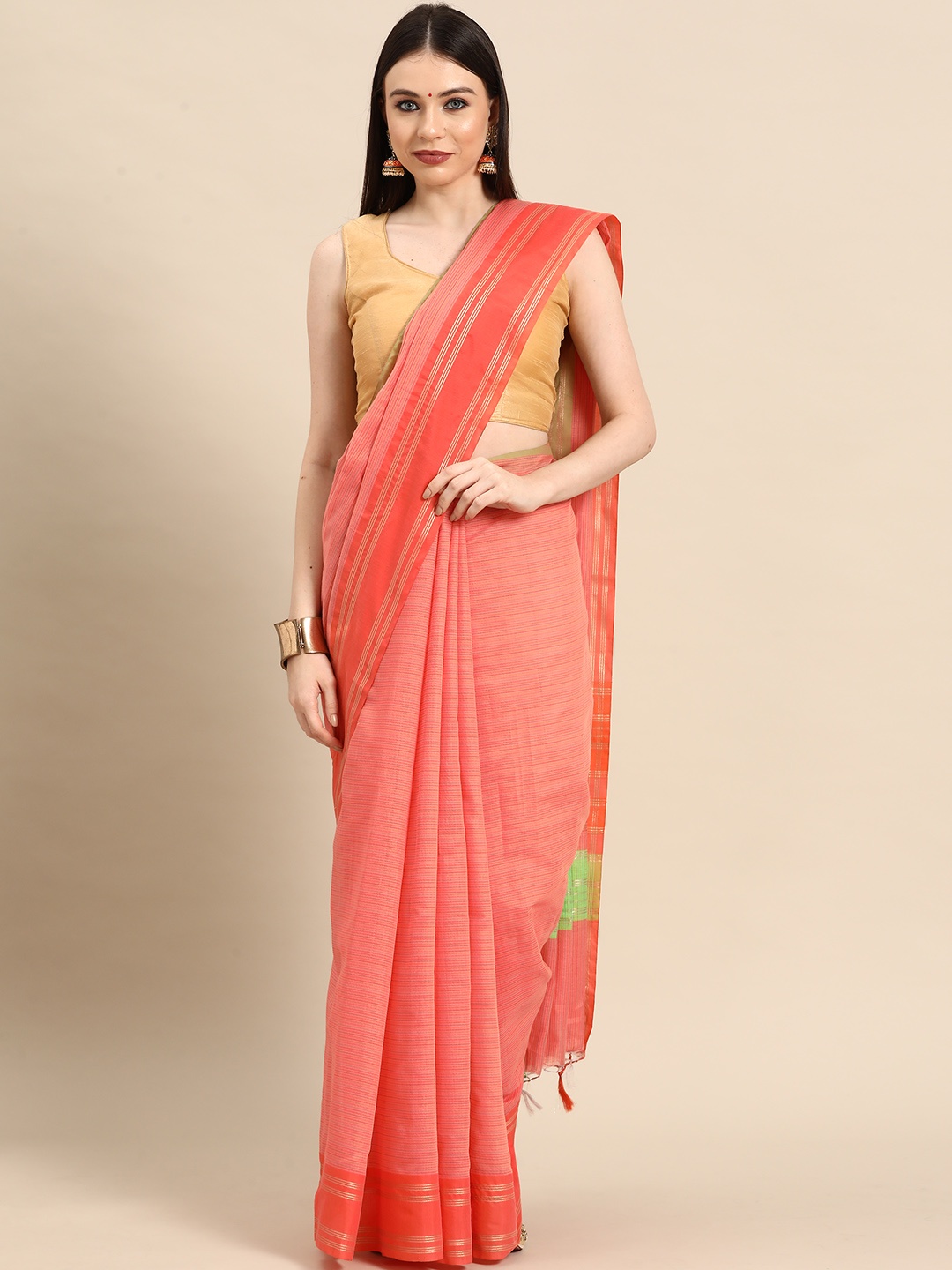 

Simaaya Striped Zari Linen Blend Saree, Peach