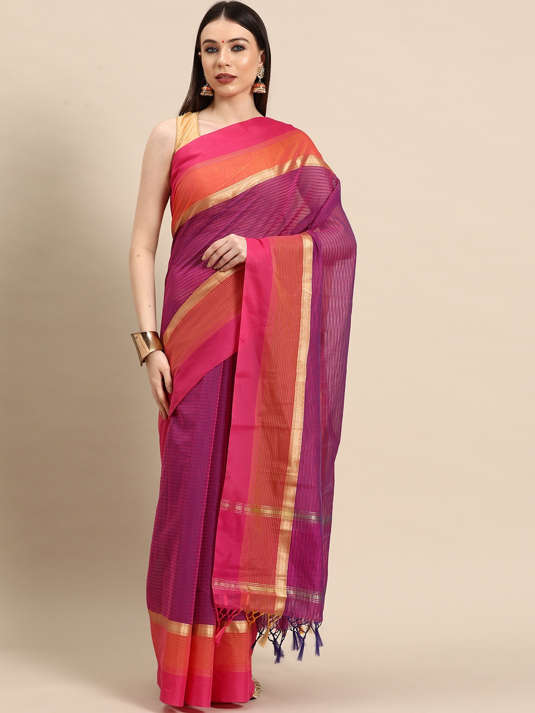 

Simaaya Striped Zari Linen Blend Saree, Purple