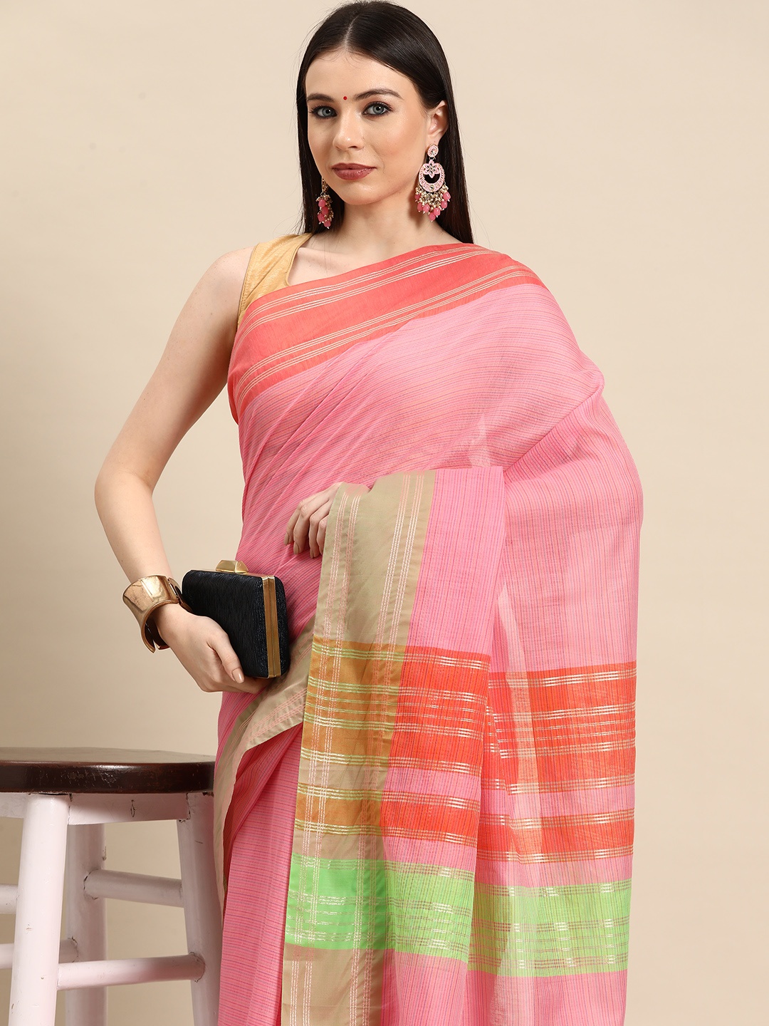 

Simaaya Striped Zari Linen Blend Saree, Pink