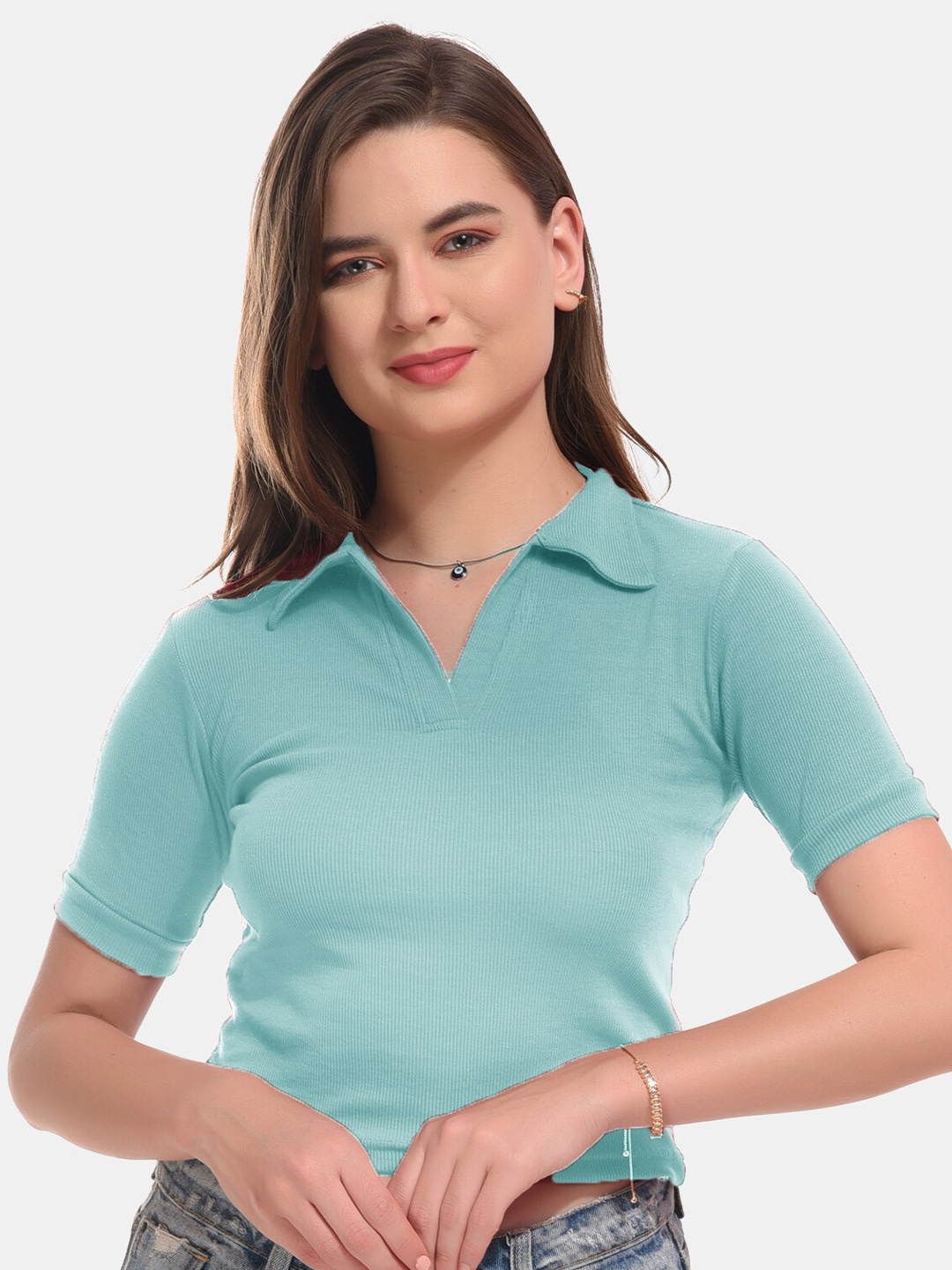 

Boleem Ribbed Spread Collar Cotton Top, Blue