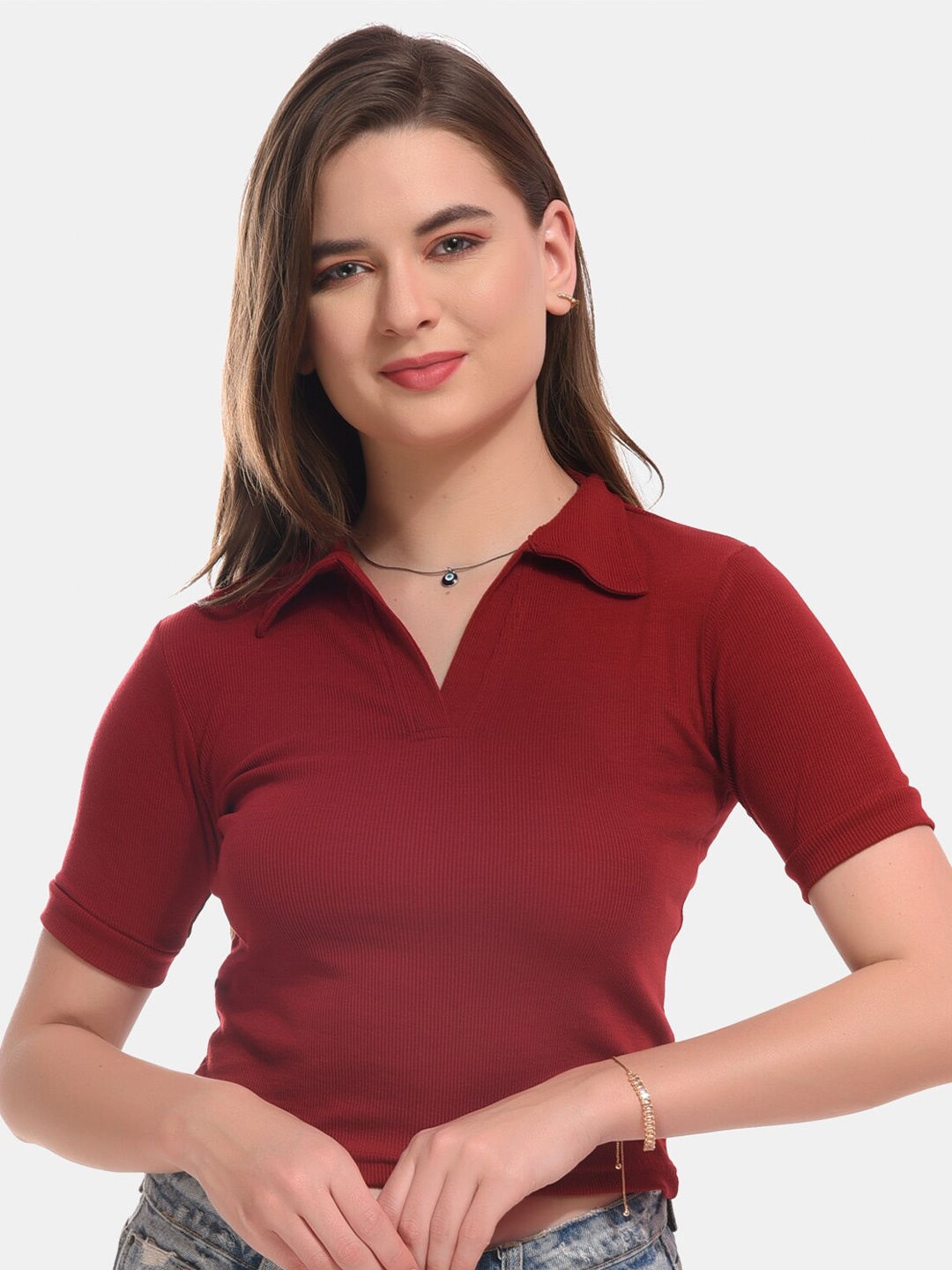 

Boleem Shirt Collar Cotton Fitted Crop Top, Maroon