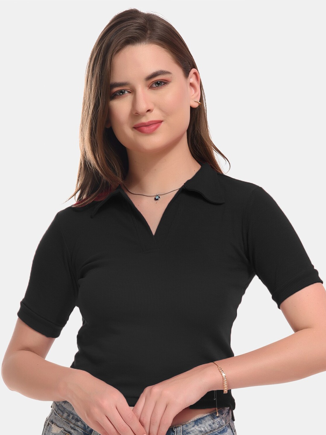 

Boleem Ribbed Spread Collar Cotton Top, Black