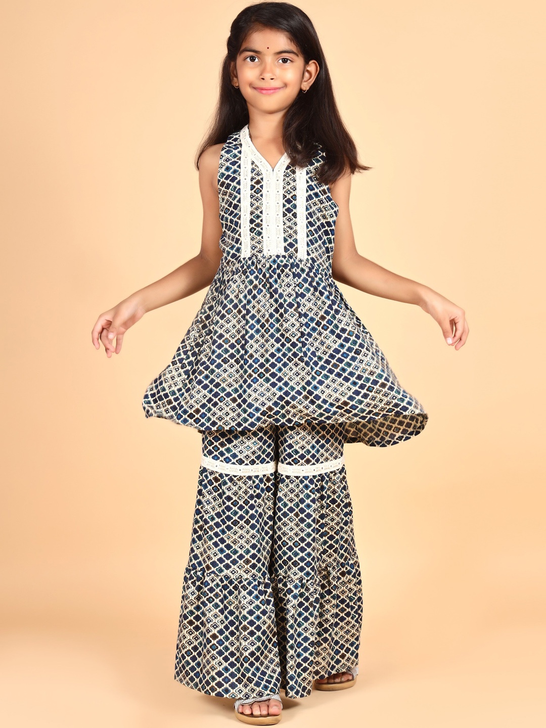 

misbis Girls Ethnic Motifs Printed V-Neck Pleated A-Line Kurta with Sharara, Blue