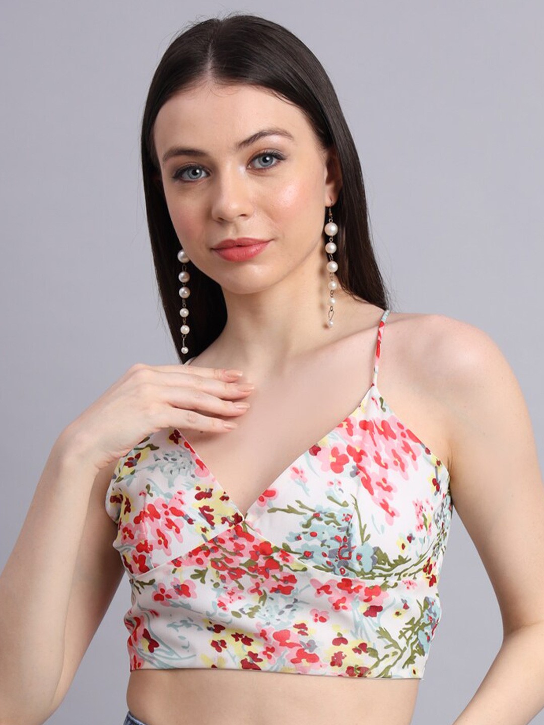 

ESSQUE Floral Printed Shoulder Straps Tie-Ups Bralette Crop Top, White