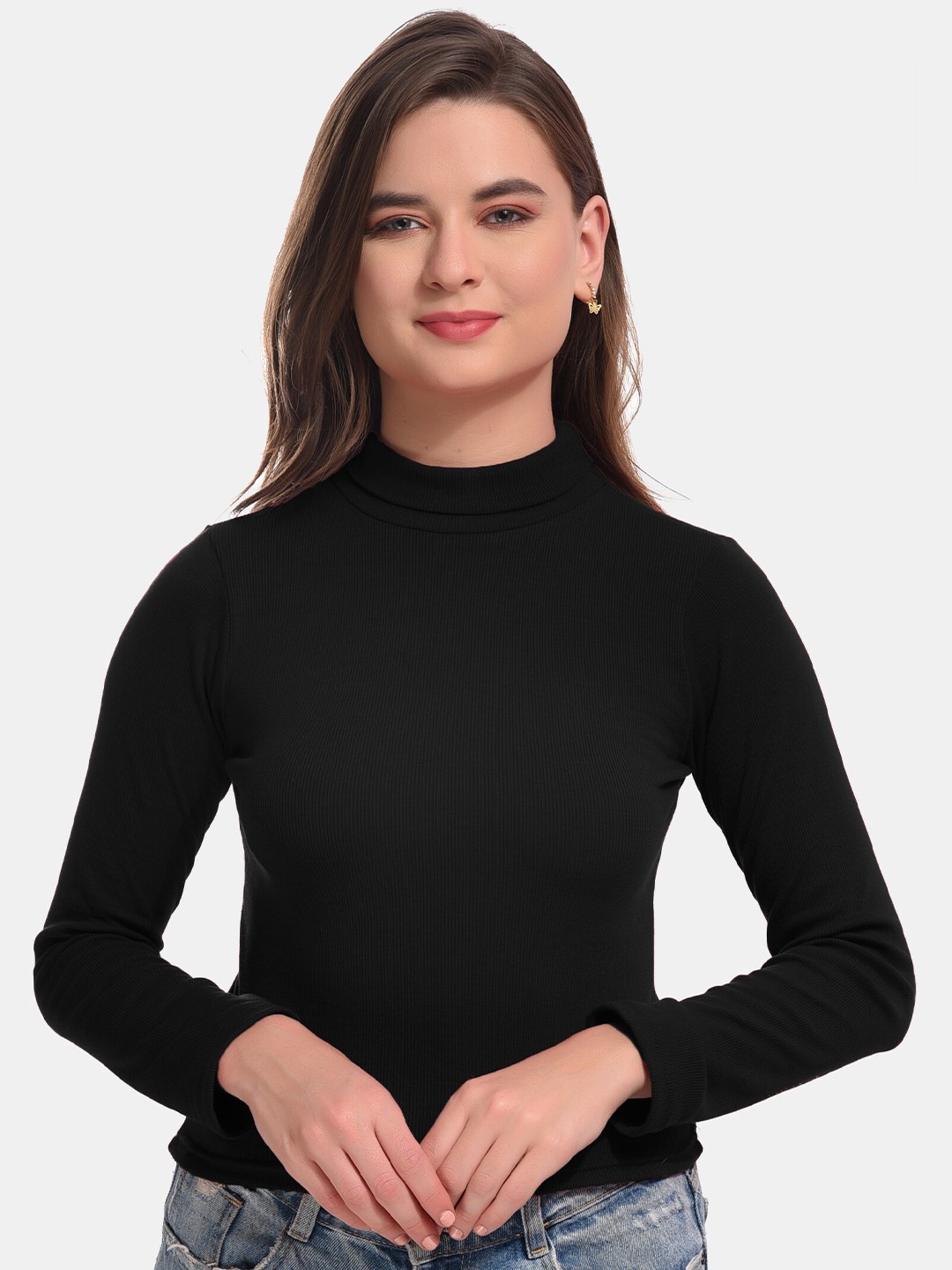 

Boleem High Neck Cotton Crop Fitted Top, Black