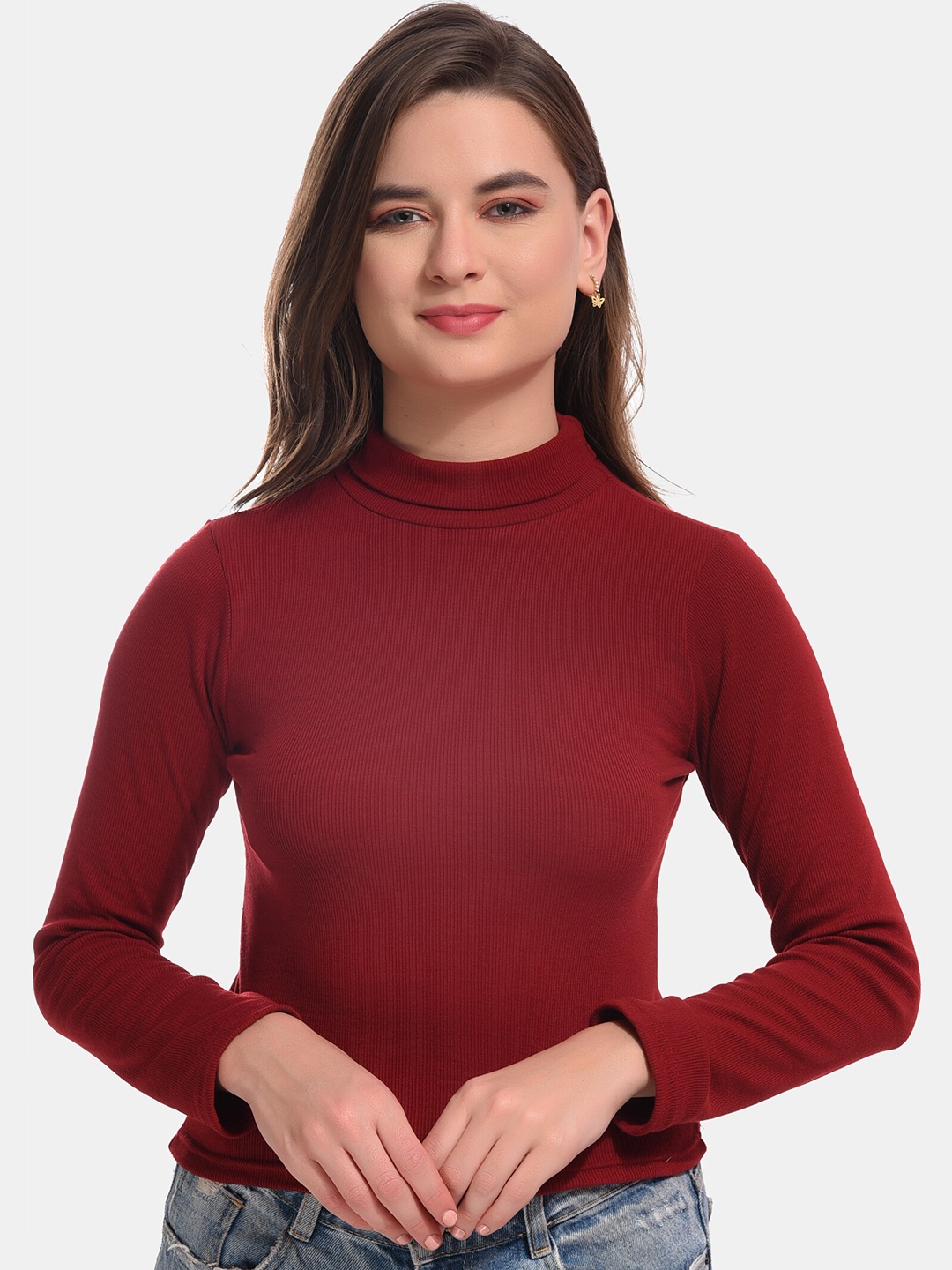 

Boleem High Neck Cotton Crop Fitted Top, Maroon