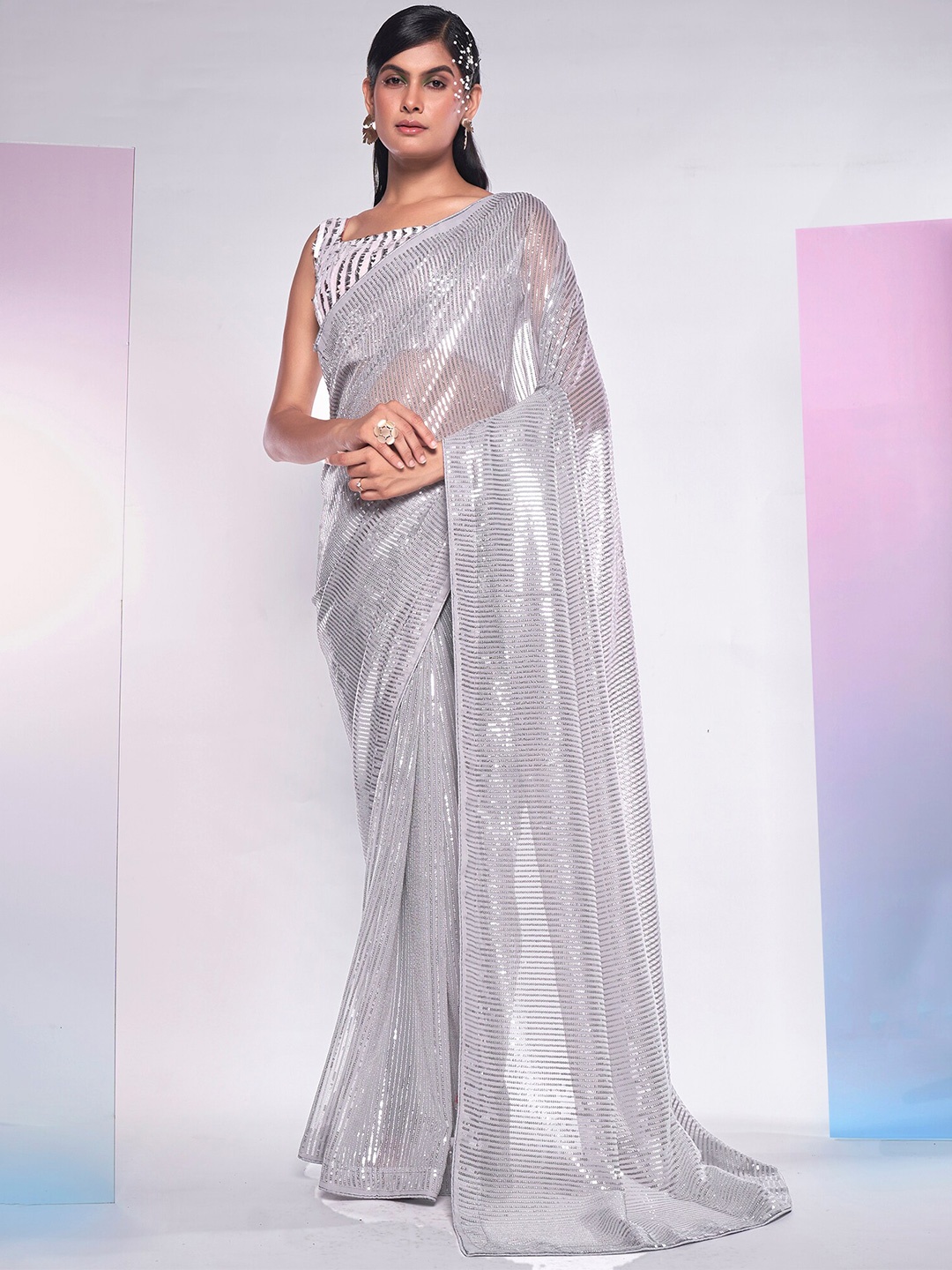 

Mitera Grey Embellished Sequined Pure Georgette Saree