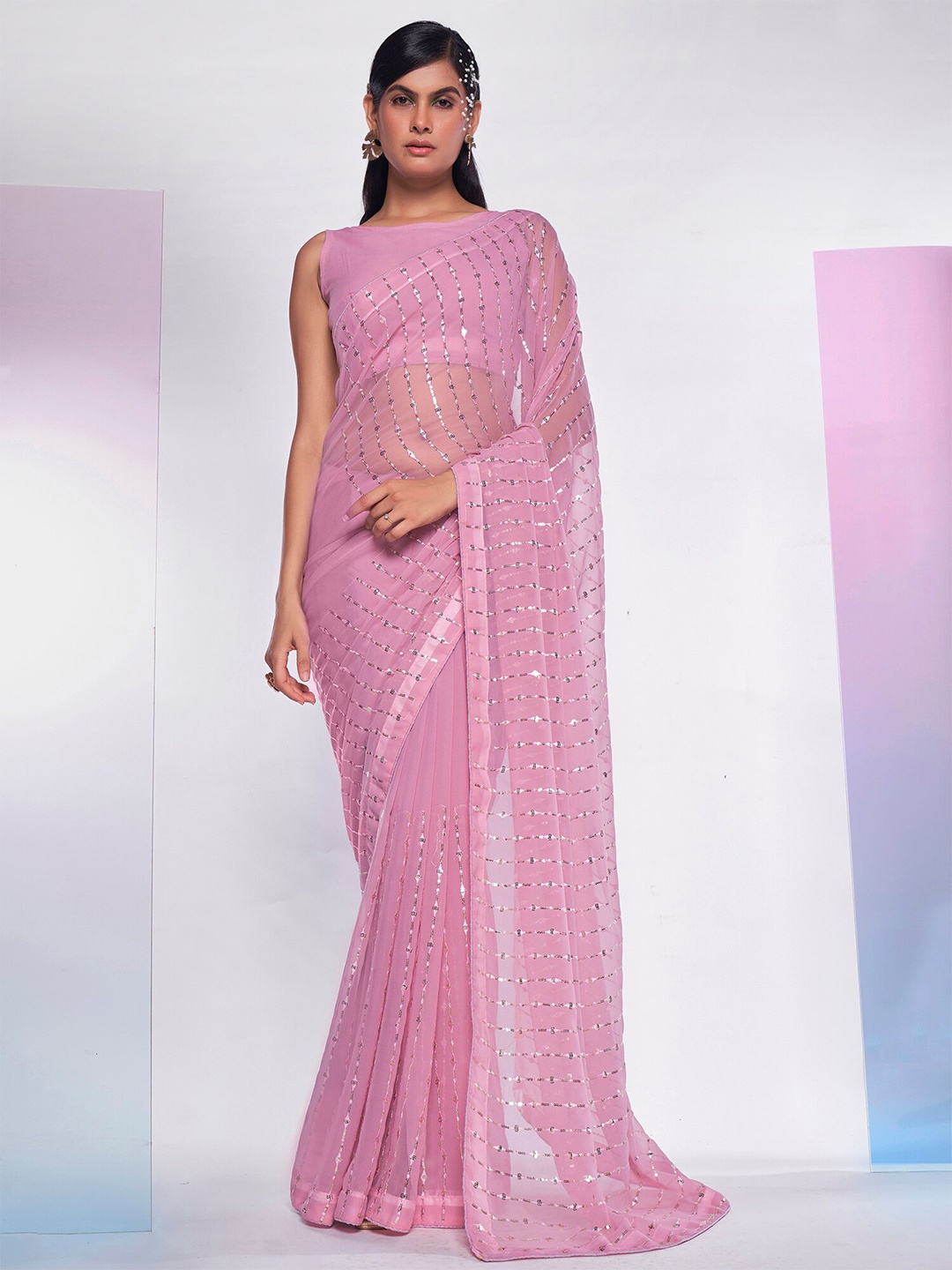 

Mitera Mauve & Silver-Toned Embellished Sequinned Pure Georgette Saree