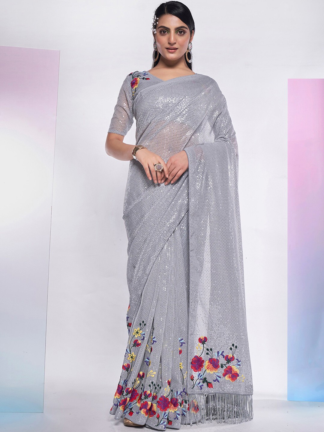 

Mitera Grey & Red Embellished Sequinned Pure Georgette Saree