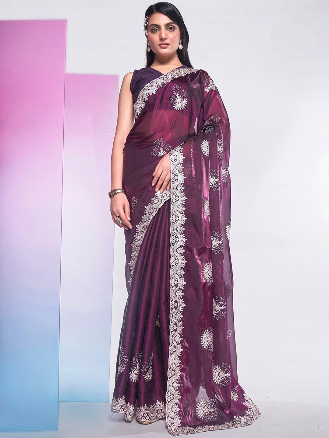 

Mitera Purple Ethnic Motifs Embroidered Sequinned Organza Saree
