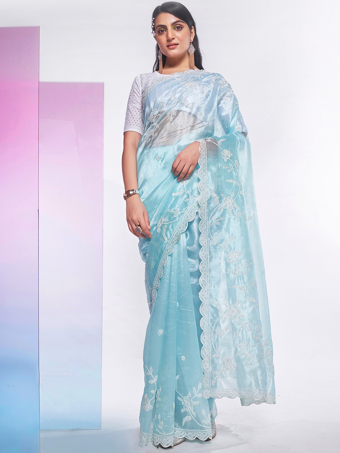 

Mitera Blue & White Floral Embroidered Sequined Organza Saree