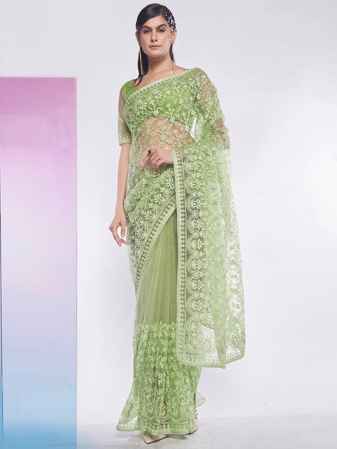 

Mitera Green Floral Embroidered Saree