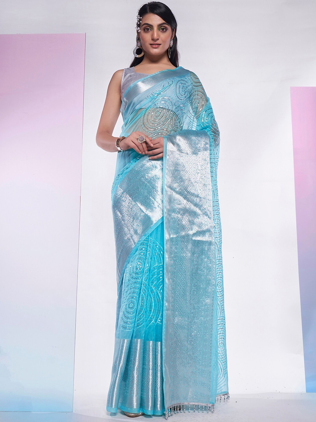 

Mitera Embellished Sequinned Organza Saree, Blue