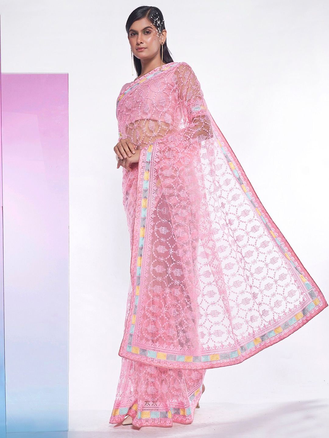 

Mitera Ethnic Motifs Embroidered Net Saree, Pink