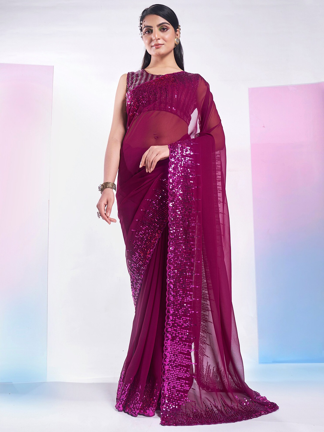 

Mitera Purple Embellished Sequinned Pure Georgette Saree