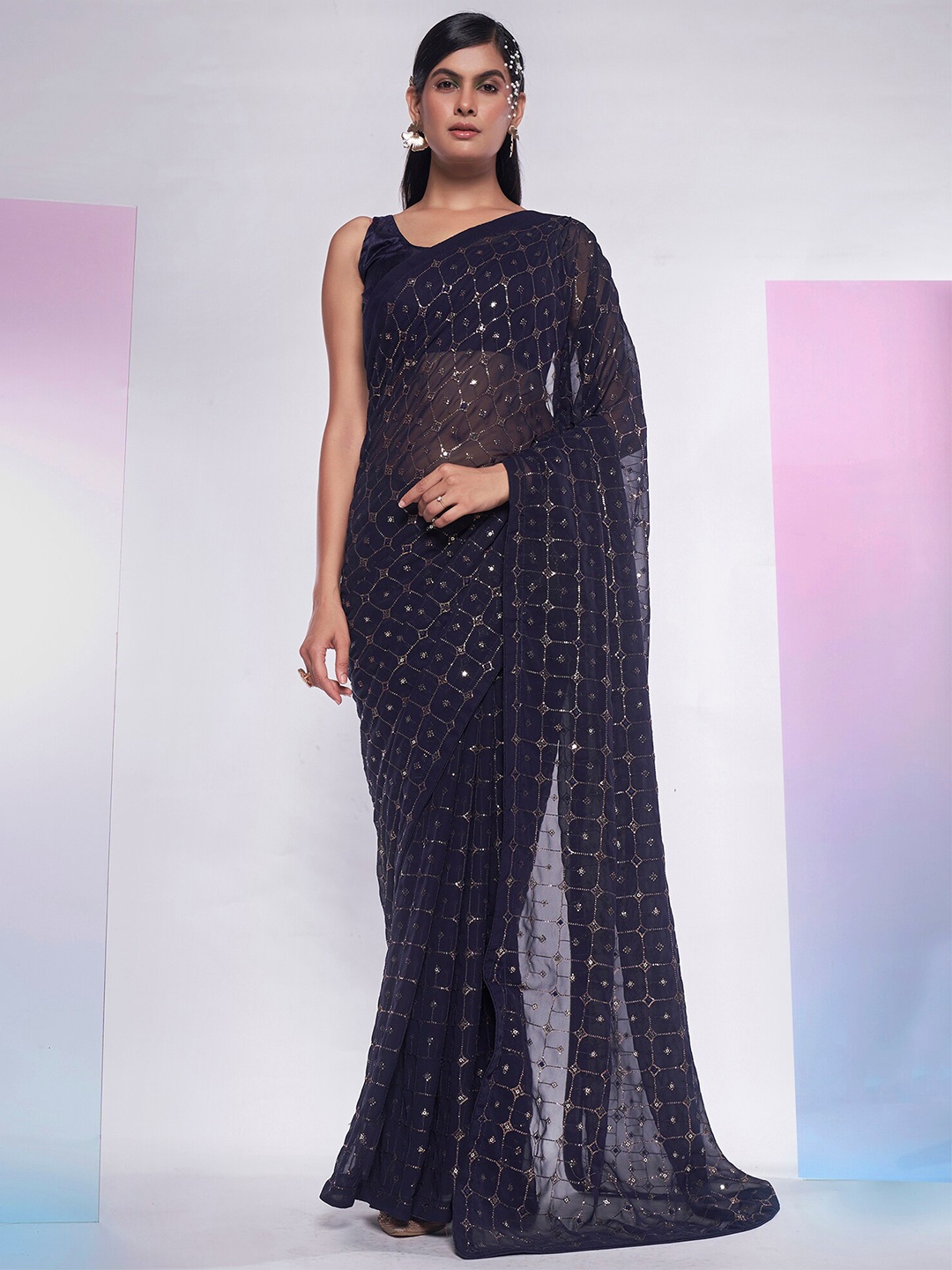 

Mitera Navy Blue & Gold-Toned Embellished Sequinned Pure Georgette Saree
