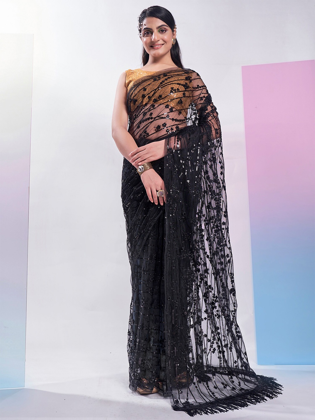 

Mitera Embellished Sequinned Net Saree, Black