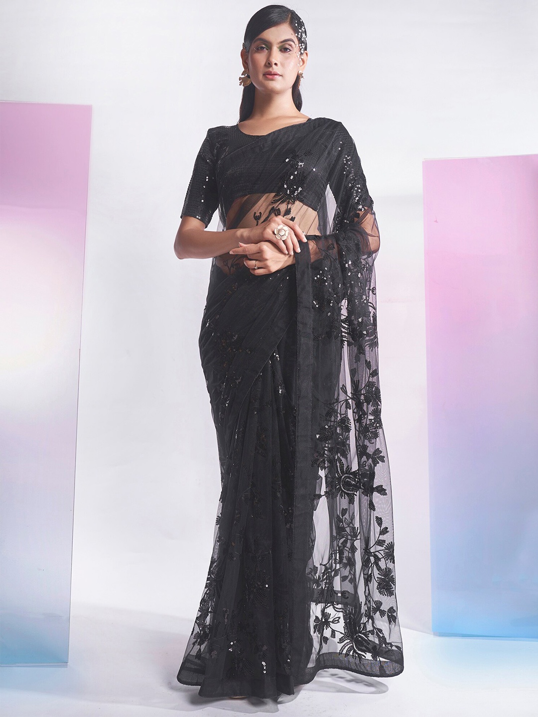 

Mitera Embellished Sequinned Net Saree, Black