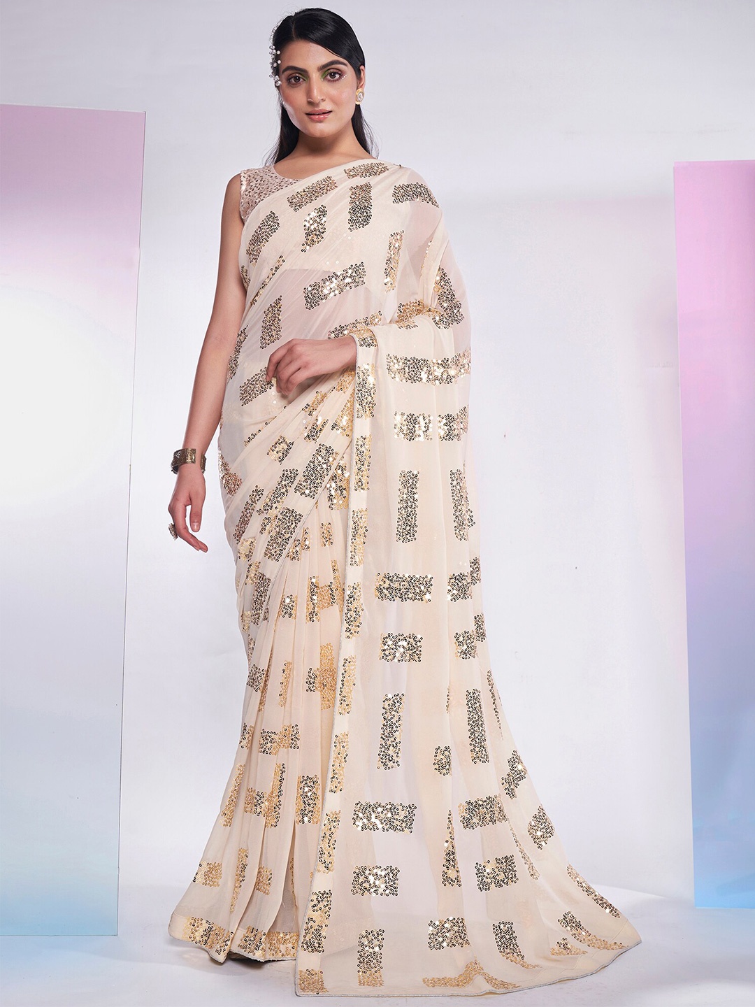 

Mitera Embellished Sequinned Pure Georgette Saree, Cream