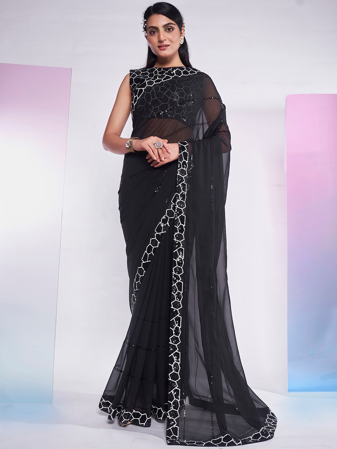 

Mitera Embellished Sequinned Pure Georgette Saree, Black