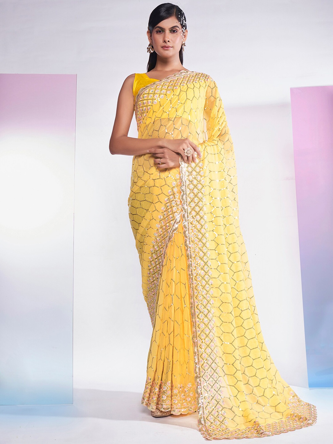 

Mitera Yellow & Pink Embellished Sequinned Pure Georgette Saree