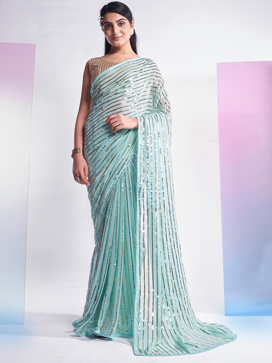 

Mitera Embellished Sequinned Pure Georgette Saree, Turquoise blue