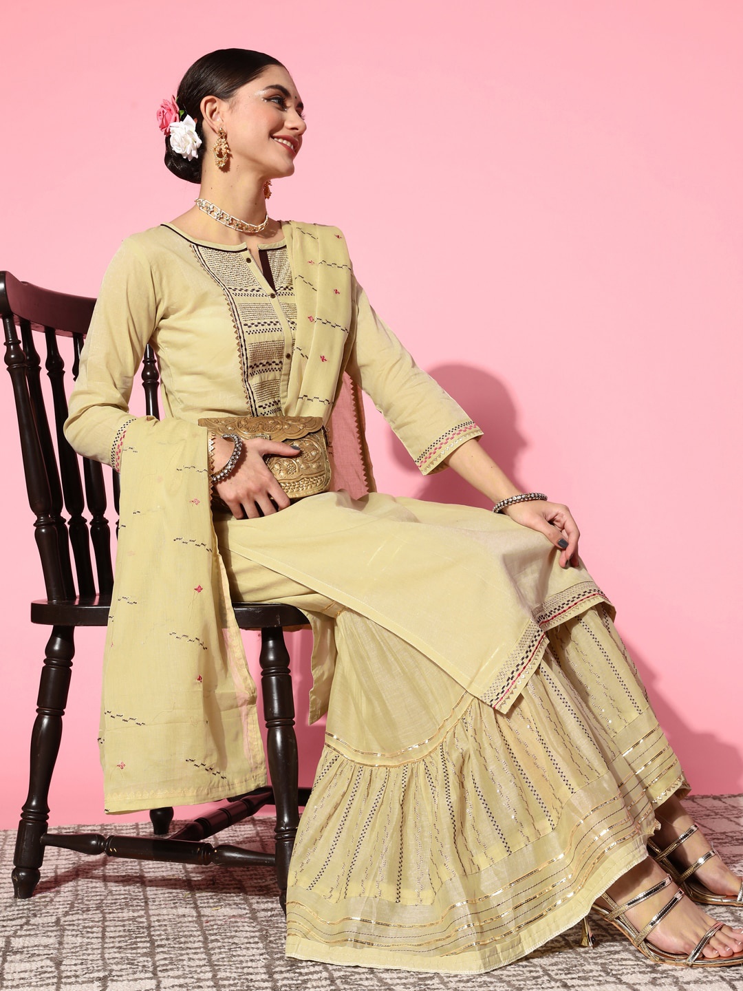 

Sangria Striped Yoke Design Sequinned Kurta With Sharara & Dupatta, Cream