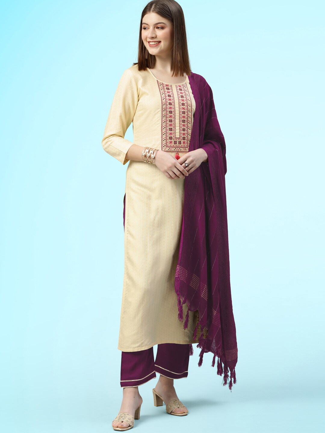 

Sangria Ethnic Motifs Yoke Design Thread Work Straight Kurta With Trouser & Dupatta, Cream