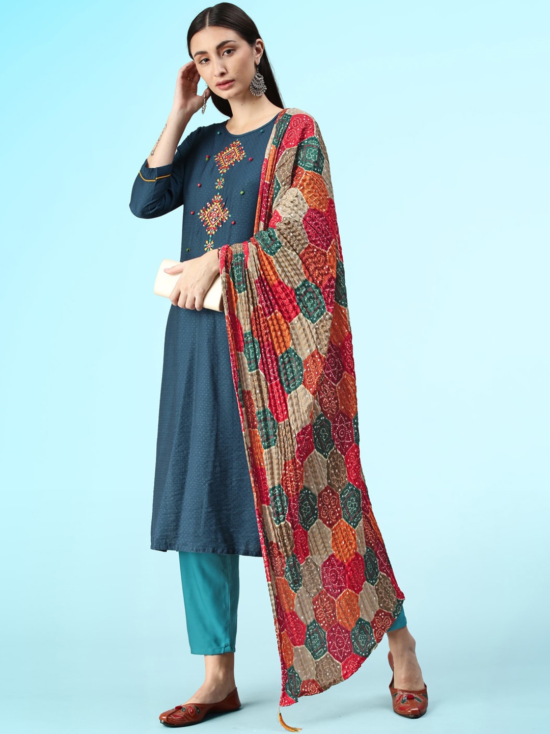 

Sangria Ethnic Motifs Embridered Mirror Work Straight Kurta With Trouser & Dupatta, Blue