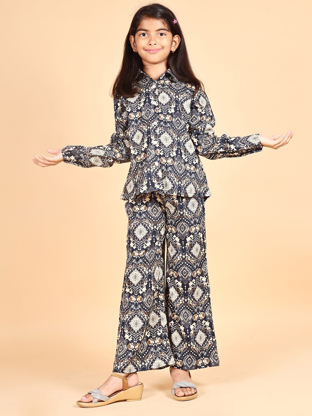 

misbis Girls Printed Shirt with Palazzos, Black