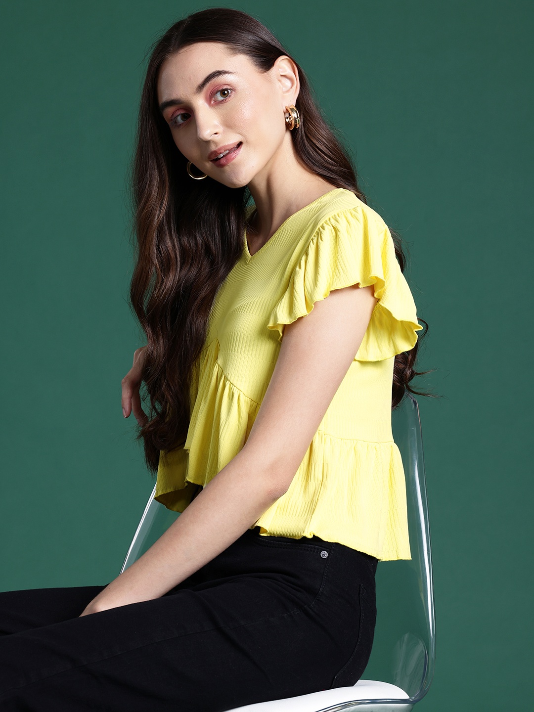 

DressBerry Flutter Sleeves Ribbed Empire Crop Top, Yellow