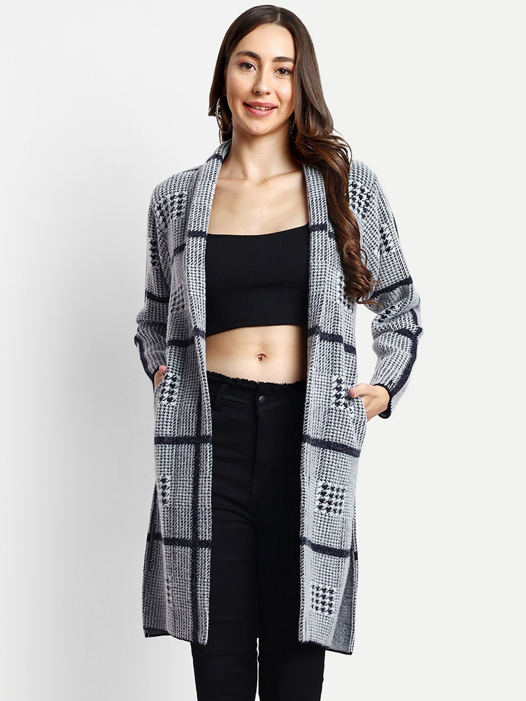 

CREATIVE LINE Women Self Design Knitted Longline Wool Shrug, Blue