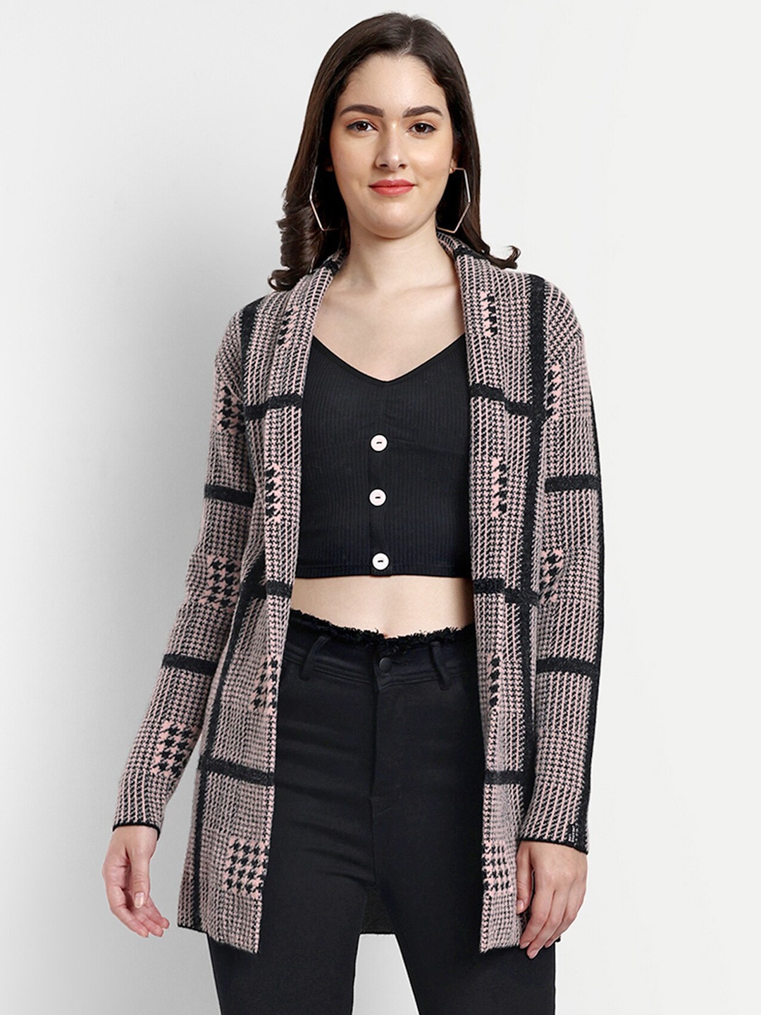 

CREATIVE LINE Women Self Design Knitted Longline Wool Shrug, Pink