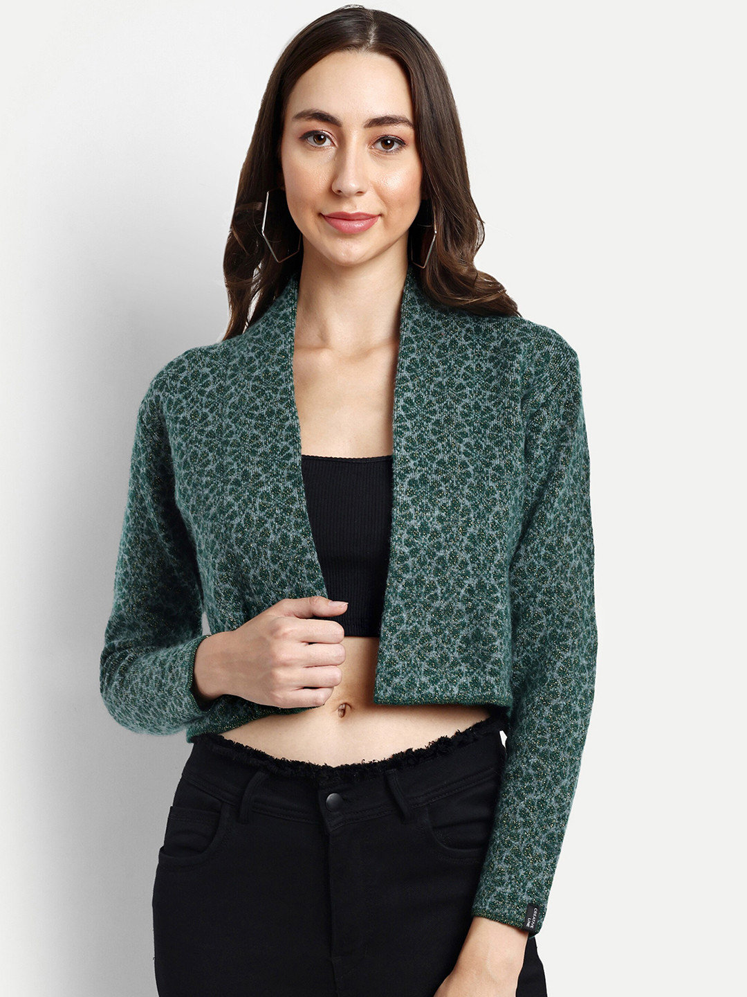 

CREATIVE LINE Women Self Design Knitted Crop Wool Shrug, Green