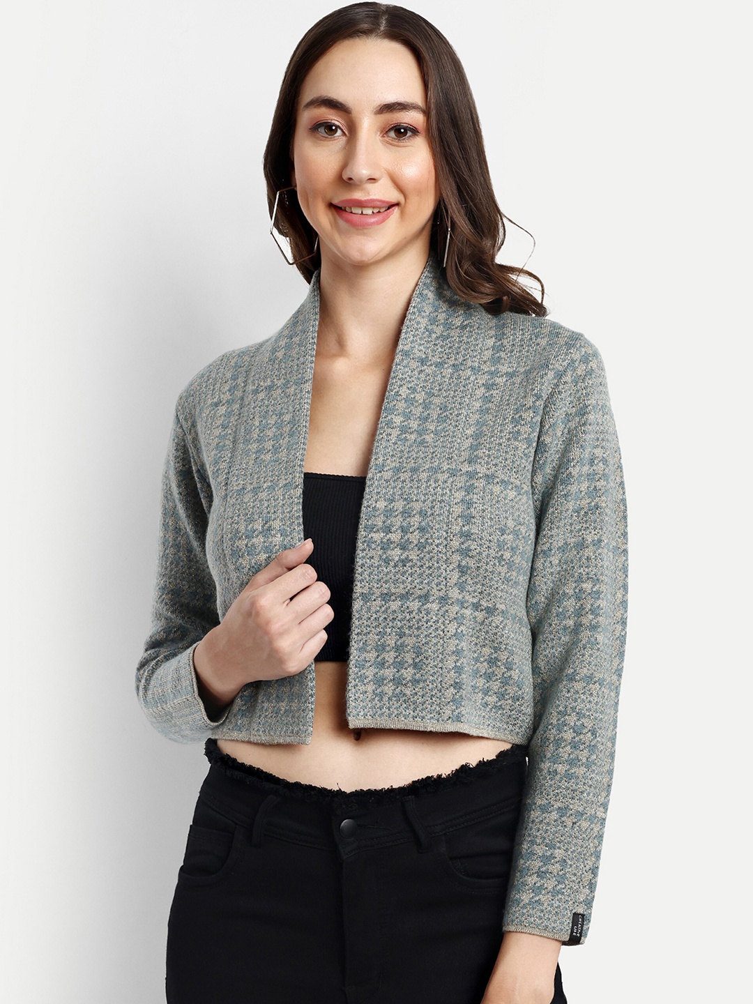 

CREATIVE LINE Women Self Design Knitted Wool Crop Shrug, Grey